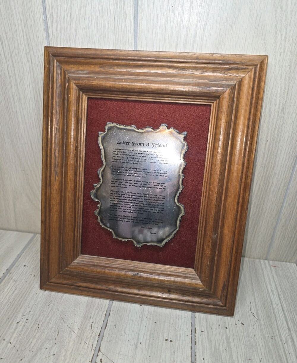 Vtg 83 Letter From A Friend Jesus Wood Wall Plaque Brass Wood Religious 12x9